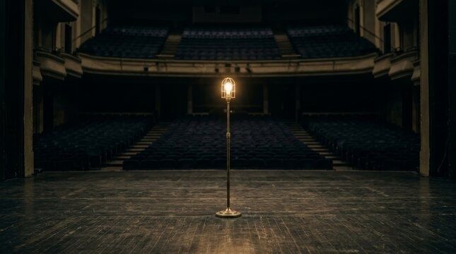 Leeg theaterpodium met één brandende lamp in een donkere zaal